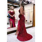 Robe de bal scintillante à bretelles spaghetti, col en V, plumes, paillettes et fente