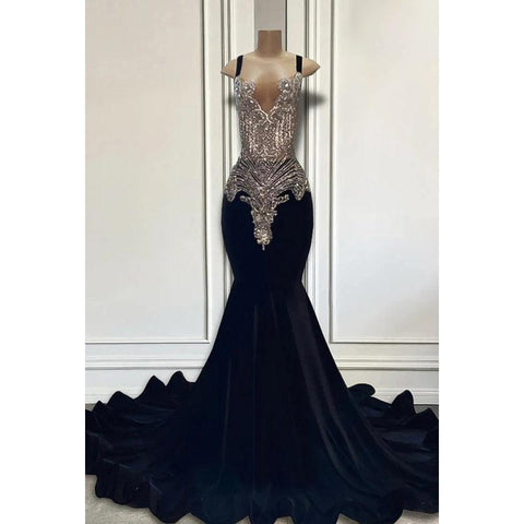 Vestido de fiesta de noche con escote en V, tirantes finos, volantes y pedrería, corte sirena/trompeta