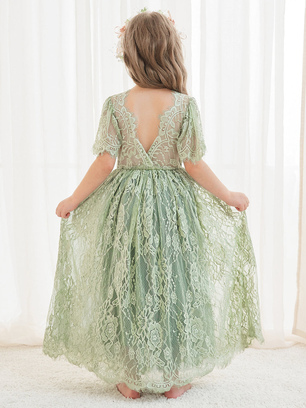Vestido verde de tul y encaje de corte A hasta el tobillo (2003227593) 