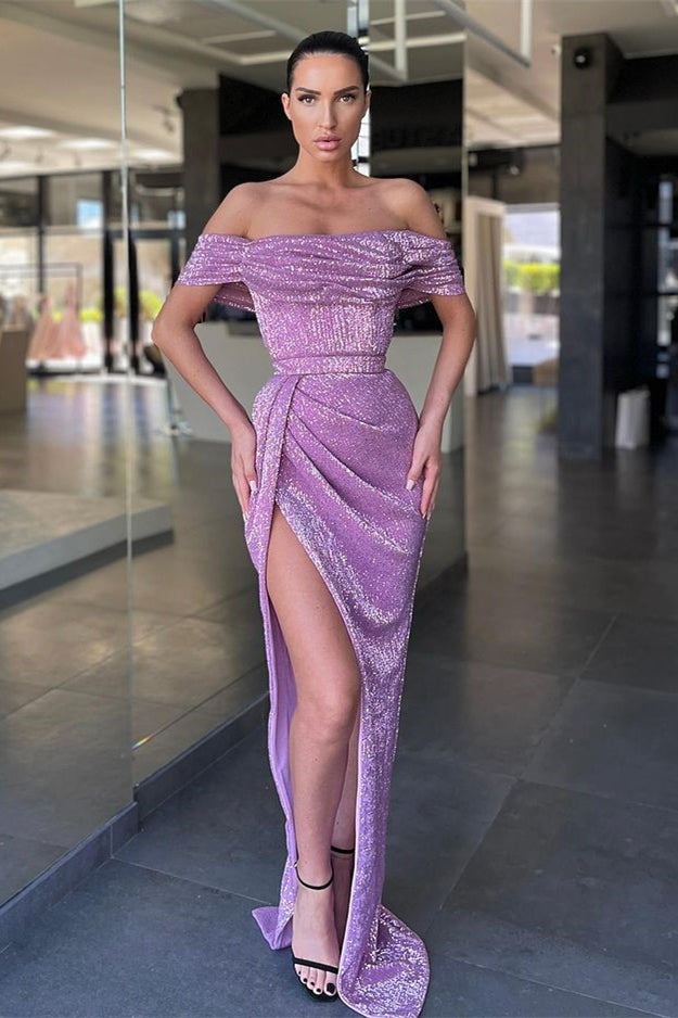 Lilac Split Front Off-The-Shoulder Prom Dress  With Sequins