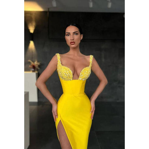 V-Neck Sequined Sheath Long Prom Evening Gown With Slit