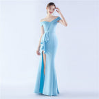Classic Satin Off Shoulder Long Evening Dress Elegant Timeless