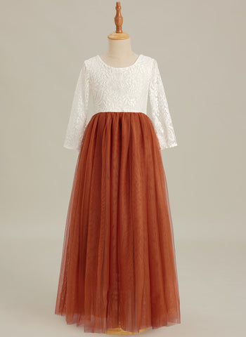 Vestido de niña de las flores de tul, manga larga, corte línea A, encaje blanco angelical 