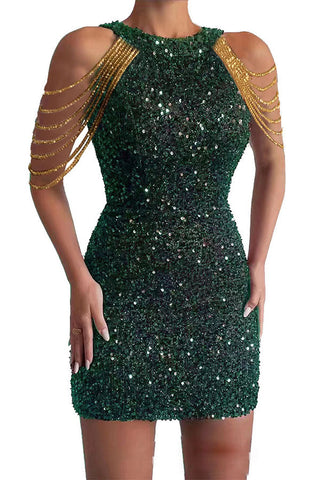 Robe cocktail mini à sequins et franges sur les épaules, vue glamour 