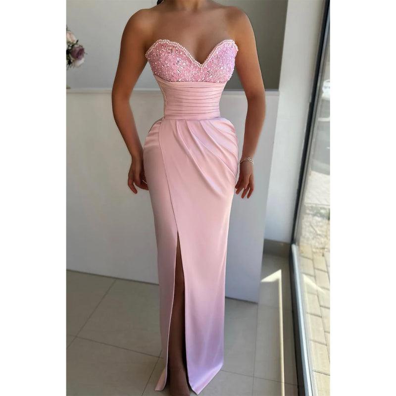 Robe de soirée longue à col en V et fente latérale 
