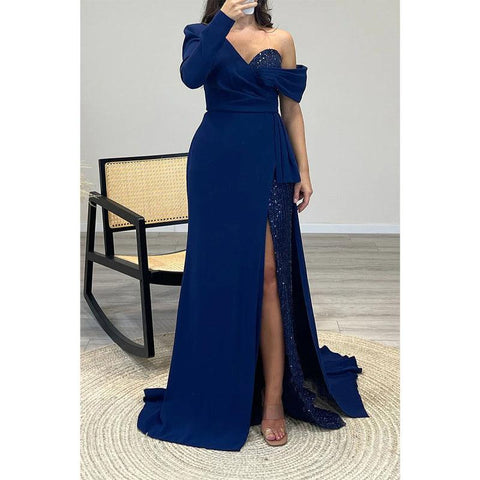 Robe de bal longue sexy asymétrique à perles et col en V 