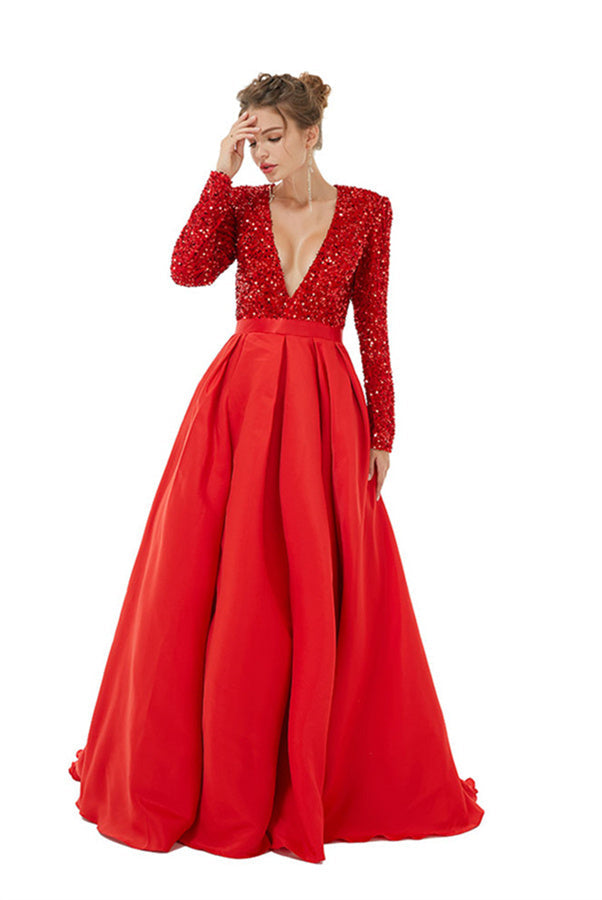 Long Sleeves Prom Dress V-Neck Slit With Sequins