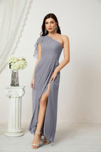 Baoleely  Chiffon Ruffled One Shoulder Long Bridesmaid Dresses A-line Formal Evening Gown Side Split 2809