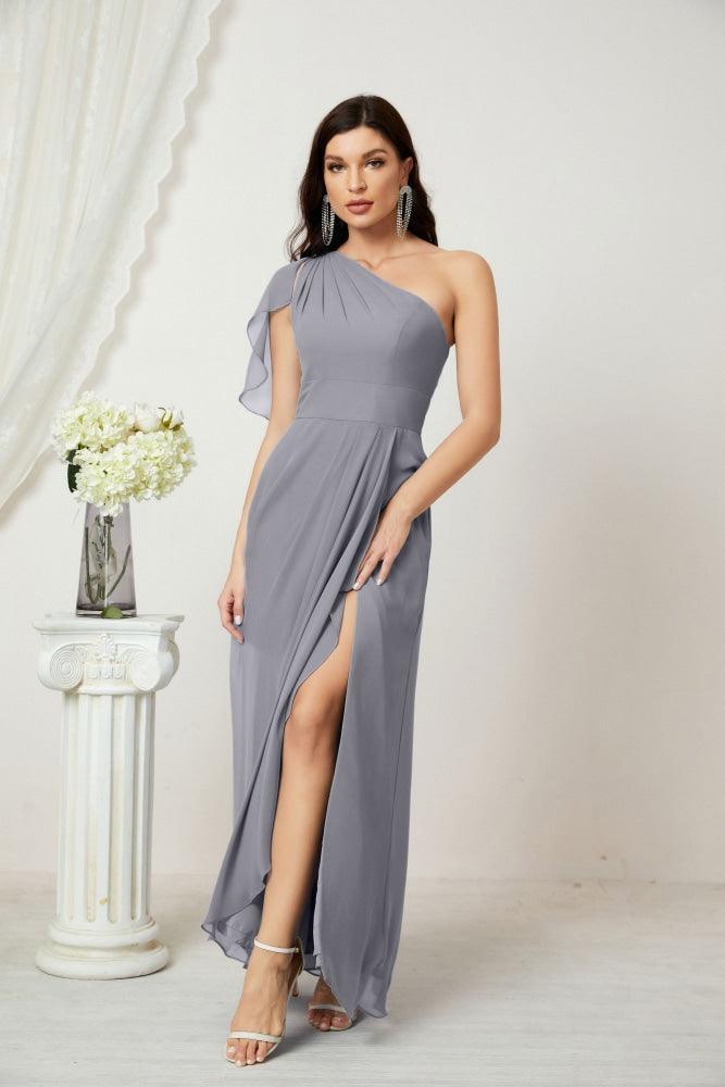 Baoleely  Chiffon Ruffled One Shoulder Long Bridesmaid Dresses A-line Formal Evening Gown Side Split 2809
