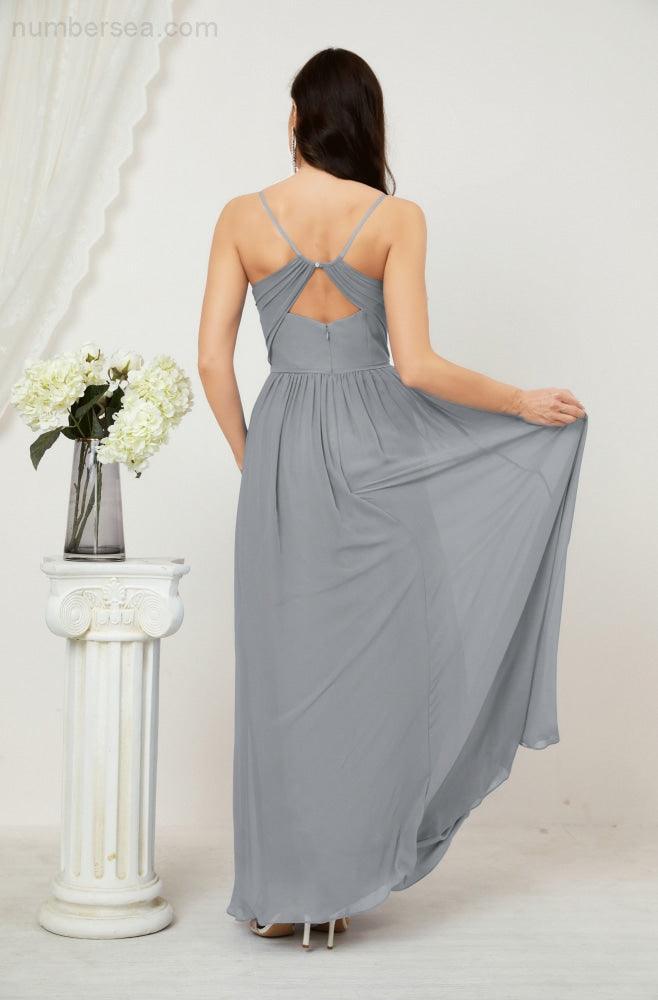 Robe de demoiselle d'honneur en mousseline de soie, longue, coupe trapèze, col en V, pour soirée de mariage, 2801 