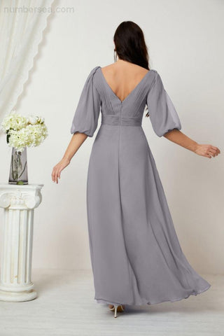 Baoleely  Formal Prom Gown Women V-Neck Chiffon Bridesmaid Dresses Long Bishop Sleeve Party Dress 2807