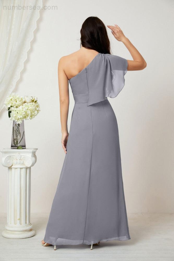 Baoleely  Chiffon Ruffled One Shoulder Long Bridesmaid Dresses A-line Formal Evening Gown Side Split 2809