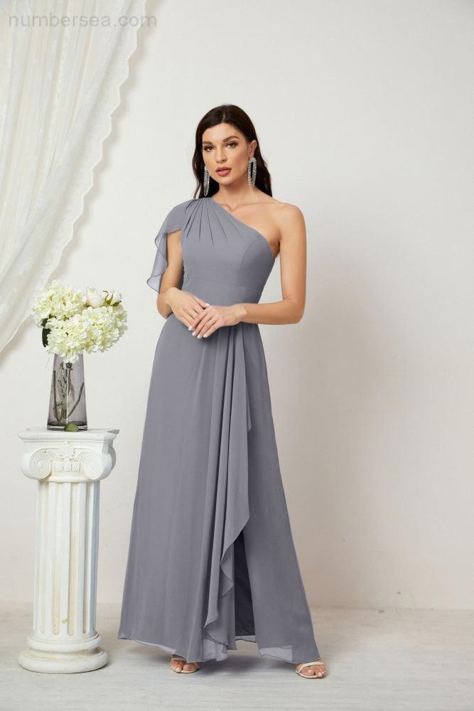 Baoleely  Chiffon Ruffled One Shoulder Long Bridesmaid Dresses A-line Formal Evening Gown Side Split 2809