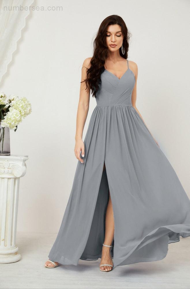 Robe de demoiselle d'honneur en mousseline de soie, longue, coupe trapèze, col en V, pour soirée de mariage, 2801 