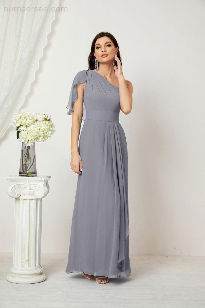 Baoleely  Chiffon Ruffled One Shoulder Long Bridesmaid Dresses A-line Formal Evening Gown Side Split 2809