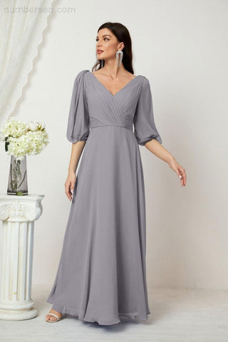 Baoleely  Formal Prom Gown Women V-Neck Chiffon Bridesmaid Dresses Long Bishop Sleeve Party Dress 2807