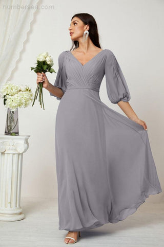 Baoleely  Formal Prom Gown Women V-Neck Chiffon Bridesmaid Dresses Long Bishop Sleeve Party Dress 2807