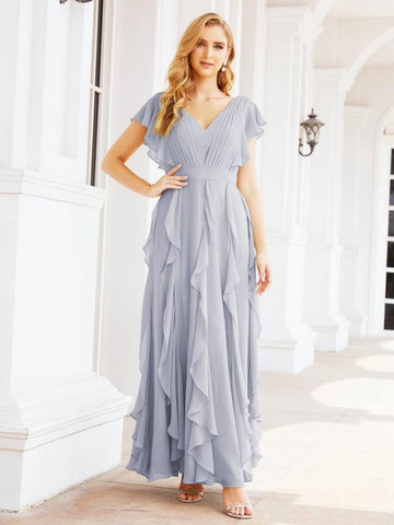 Vestidos de dama de honor con volantes y mangas, vestido largo de fiesta formal 28041 