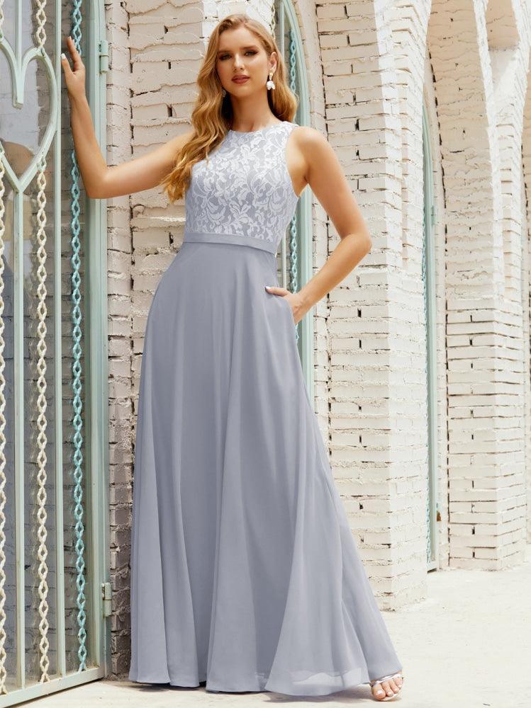 Vestido de dama de honor de encaje, largo hasta el suelo, con bolsillos, 28017 