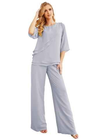 Elegante conjunto de pantalón y bata plateada de dos piezas para la madre de la novia, talla grande, con volantes, Sunderly Elegant SY28064