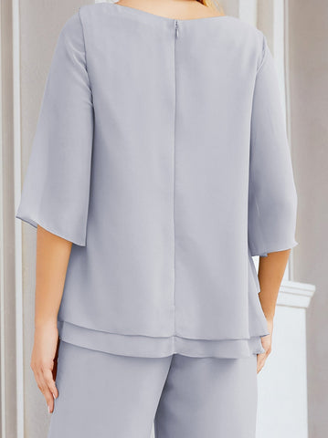 Elegante conjunto de pantalón y bata plateada de dos piezas para la madre de la novia, talla grande, con volantes, Sunderly Elegant SY28064