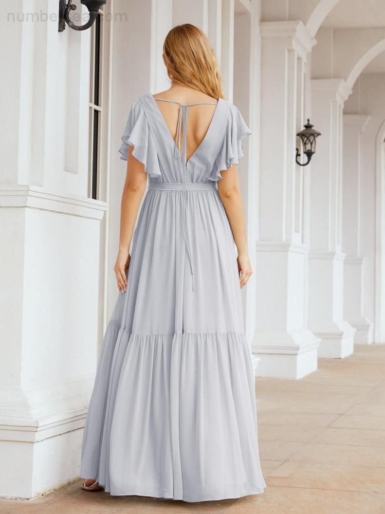 Baoleely Women's Open Back Formal Evening Party Prom Gowns V-Neck Long Chiffon Bridesmaid Dresses with Waist Belt 28038