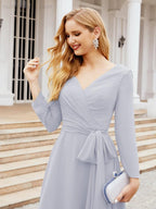 Robe de demoiselle d'honneur dos nu en V avec ceinture à la taille - Mère de la mariée - Invitée au mariage SY28031