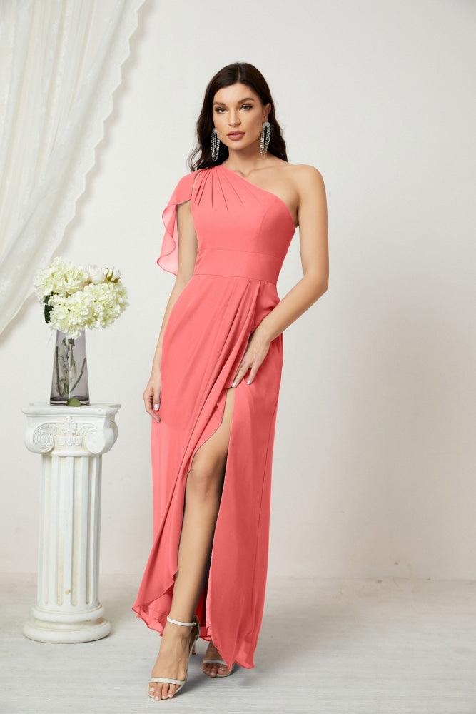 Baoleely  Chiffon Ruffled One Shoulder Long Bridesmaid Dresses A-line Formal Evening Gown Side Split 2809