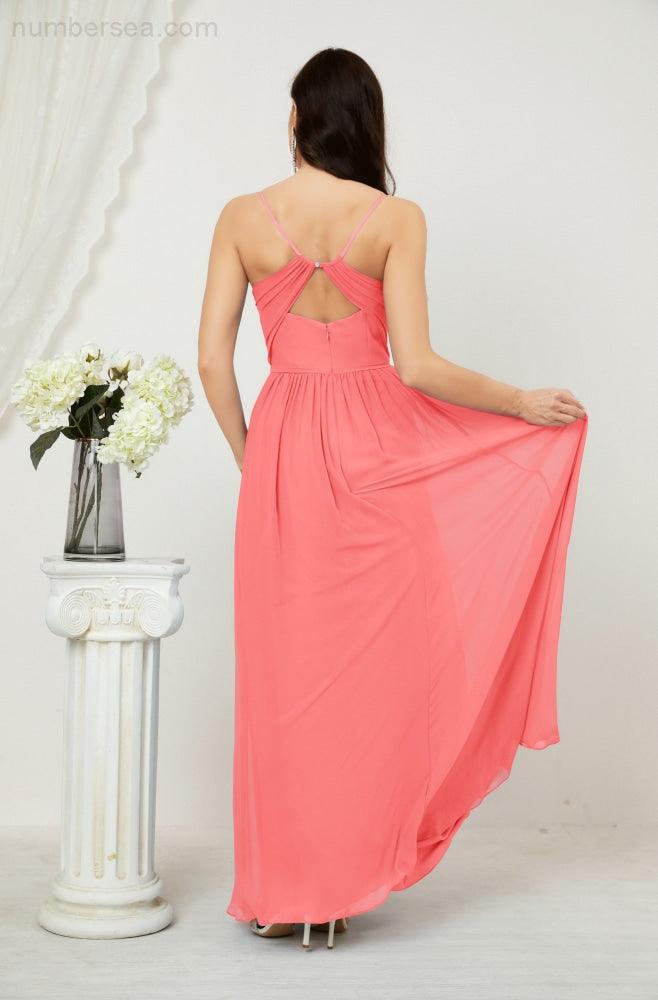 Robe de demoiselle d'honneur en mousseline de soie, longue, coupe trapèze, col en V, pour soirée de mariage, 2801 