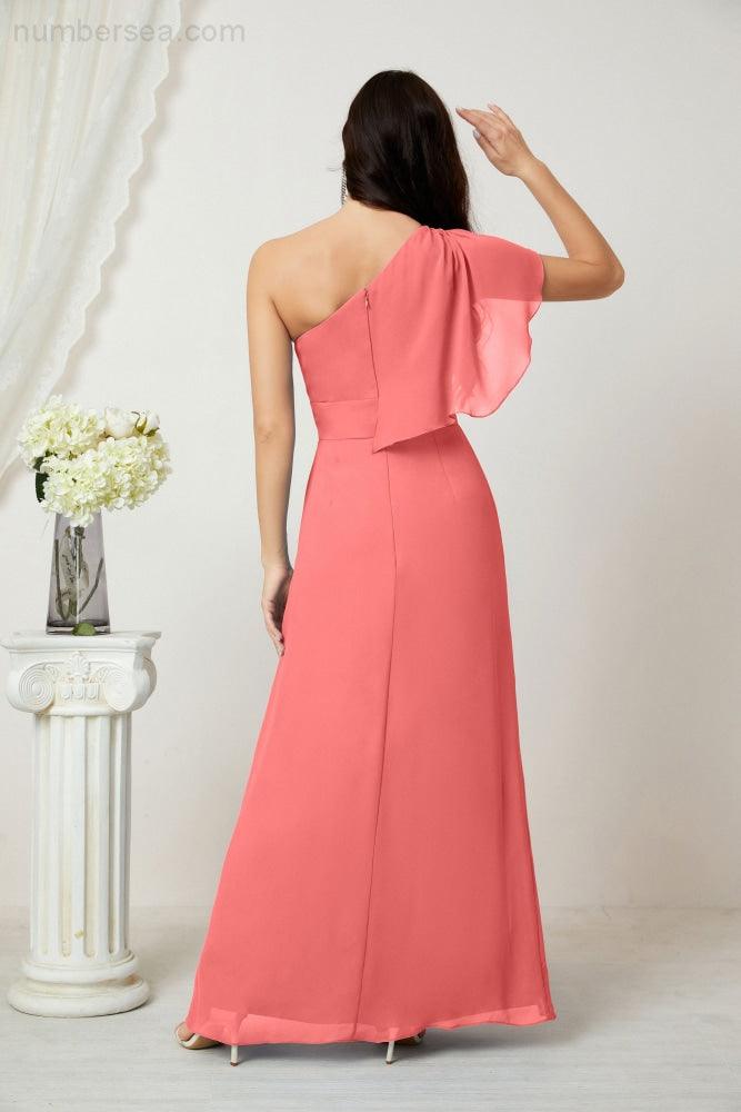 Baoleely  Chiffon Ruffled One Shoulder Long Bridesmaid Dresses A-line Formal Evening Gown Side Split 2809