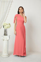 Baoleely  Chiffon Ruffled One Shoulder Long Bridesmaid Dresses A-line Formal Evening Gown Side Split 2809
