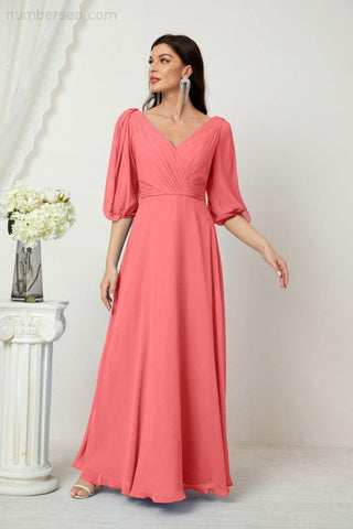 Baoleely  Formal Prom Gown Women V-Neck Chiffon Bridesmaid Dresses Long Bishop Sleeve Party Dress 2807