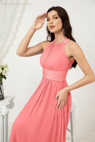 Baoleely Formal Party Gown Dress Chiffon Halter Long Sleeveless Bridesmaid Dresses 2802
