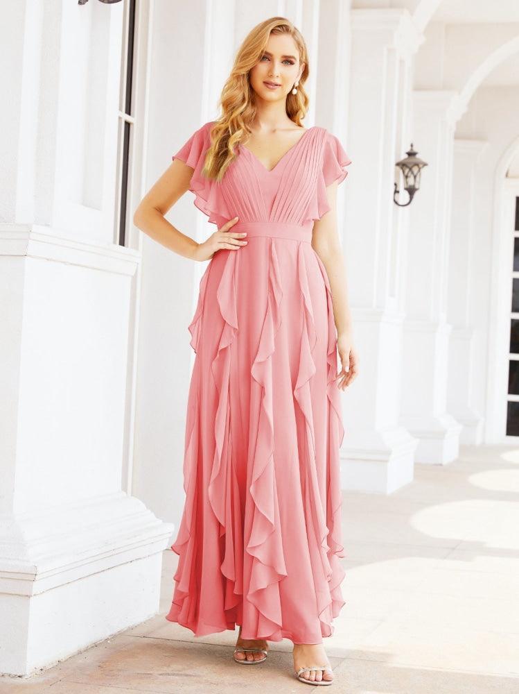 Ruffled Bridesmaid Dresses with Sleeves Long Formal Party Dress 28041