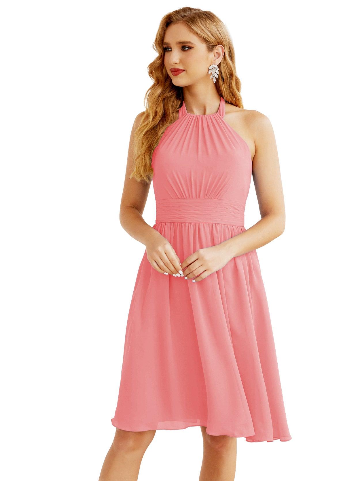 Baoleely - Vestido de dama de honor de gasa con cuello halter, corto, sin mangas, formal, para fiesta, espalda descubierta, 28023 