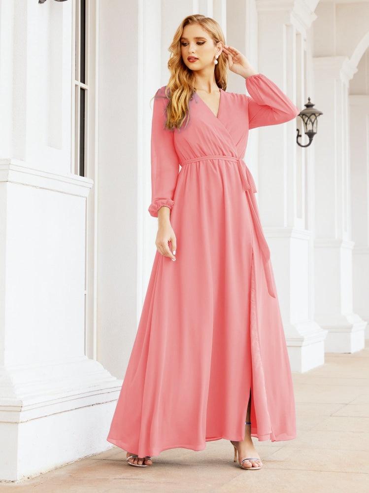 Vestido de dama de honor de gasa para mujer Sunderly, corte en A, manga larga, vestido de noche formal para invitada de boda SY28032 