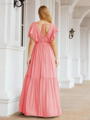 Vestido de fiesta formal de noche con espalda descubierta para mujer Baoleely, escote en V, largo, de gasa, con cinturón a la cintura 28038