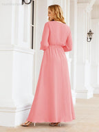 Vestido de dama de honor de gasa para mujer Sunderly, corte en A, manga larga, vestido de noche formal para invitada de boda SY28032 