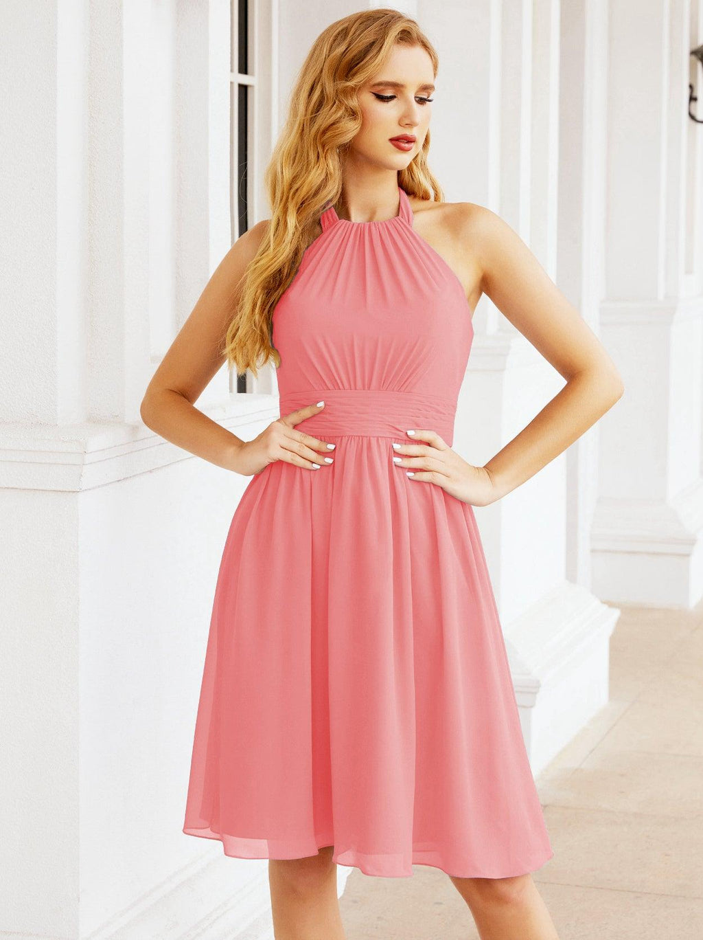 Robe de demoiselle d'honneur courte en mousseline de soie, dos nu, sans manches, robe de soirée formelle, dos nu, Baoleely 28023 