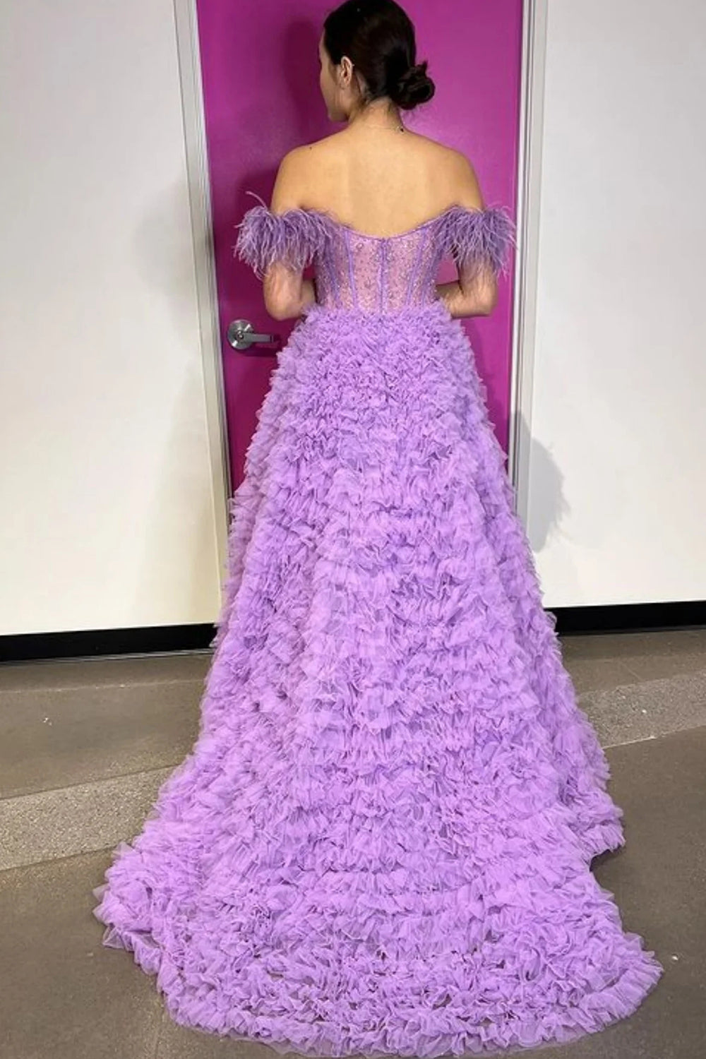 Princess A Line Off the Shoulder Pink Long Prom Dress with Feather