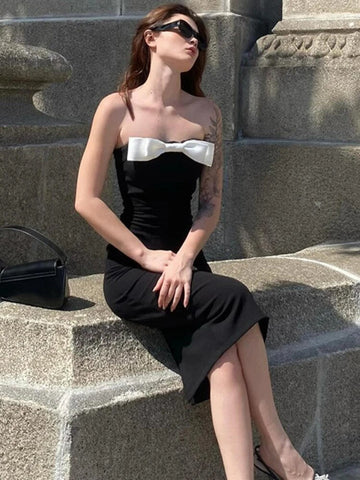 Vestido largo TARUXY negro con lazo y abertura, ajustado, sexy, con hombros descubiertos, ideal para bodas, fiestas y eventos elegantes. 