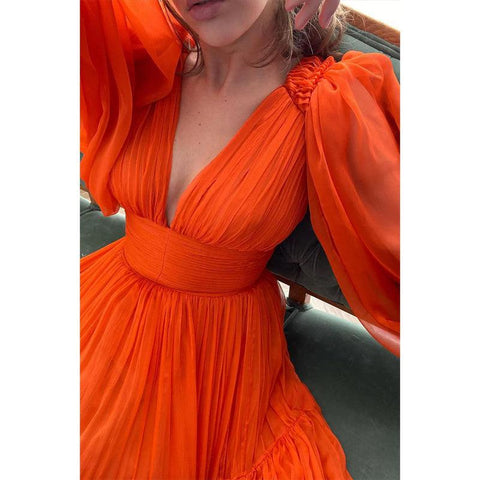 Robe de soirée trapèze sexy à col en V profond et manches longues en tulle orange 