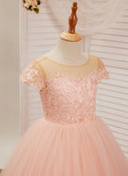 Vestido rosa de princesa con cola de tul y encaje, estilo baile de gala (2003226644) 