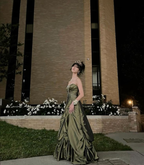 Robe de bal longue bustier en satin vert ornée de perles, robe de soirée élégante Y7533
