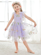 Vestido de niña pequeña de las flores, corte en A, sin mangas, de tul bordado floral. 
