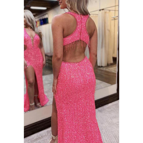 V-neck Illusion Empire Sleeveless Sequined with Side Slit Party Prom Evening Dress