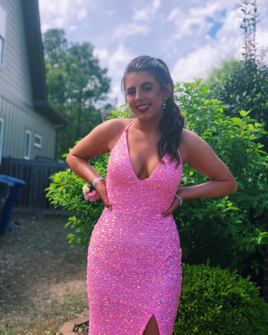 Robe de bal rose à sequins, col halter, fente latérale, Y268