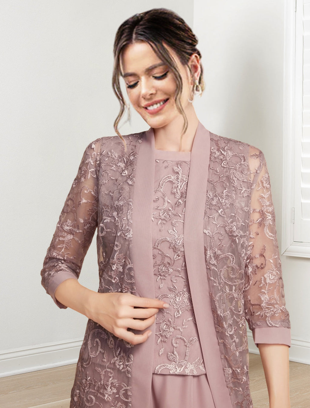 Tailleur-pantalon en mousseline à col bijou pour la mère de la mariée, avec veste 