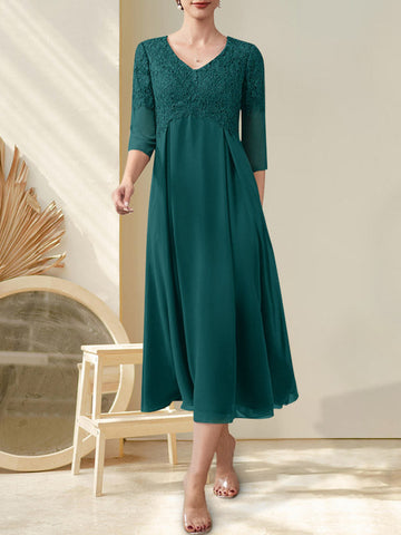 A-line V-Neck Tea-Length Chiffon Lace Mother of the Bride Dress With Beading