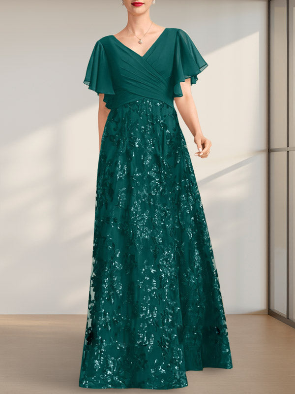 Vestido de novia de corte A, escote en V, largo hasta el suelo, de encaje, lentejuelas y gasa, con pliegues.